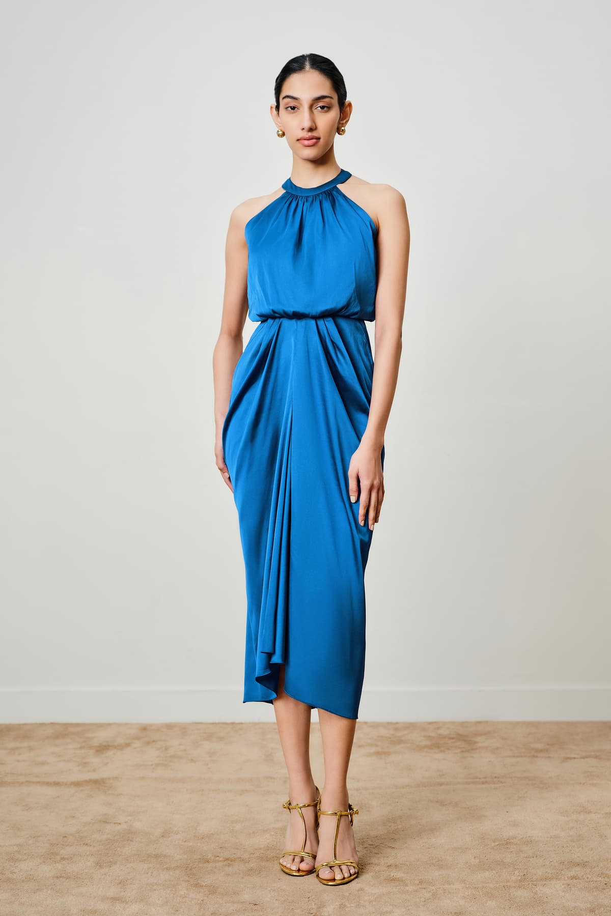 Women's Blue Party Solid Fit & Flared Halter Neck Dress