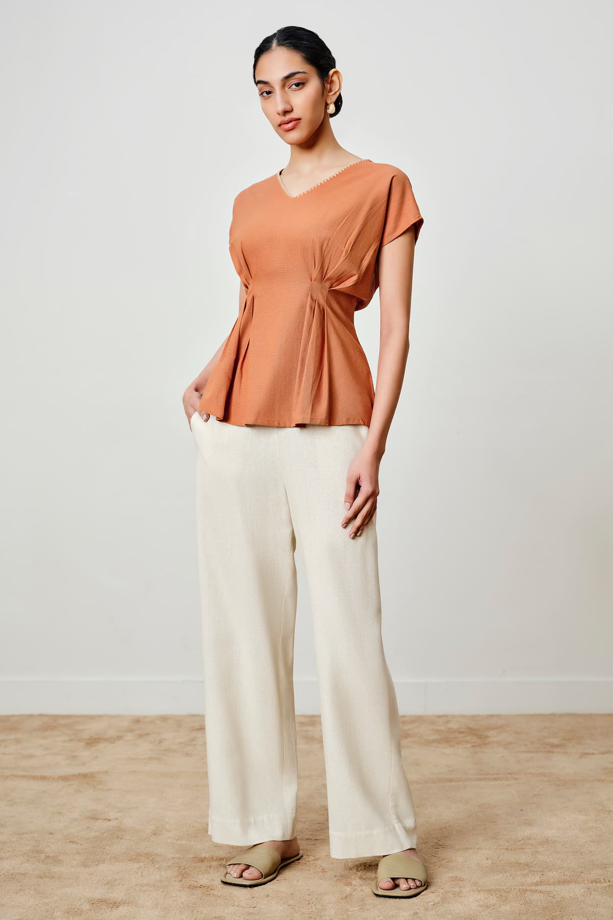 Women's Orange Casual Solid V-Neck Top