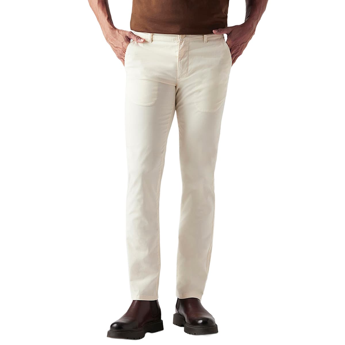 Men's White Casual Solid Mid Rise Chinos