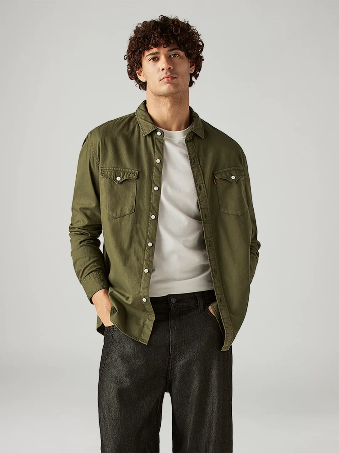 Men's Green Casual Solid Spread Collar Cotton Shirt