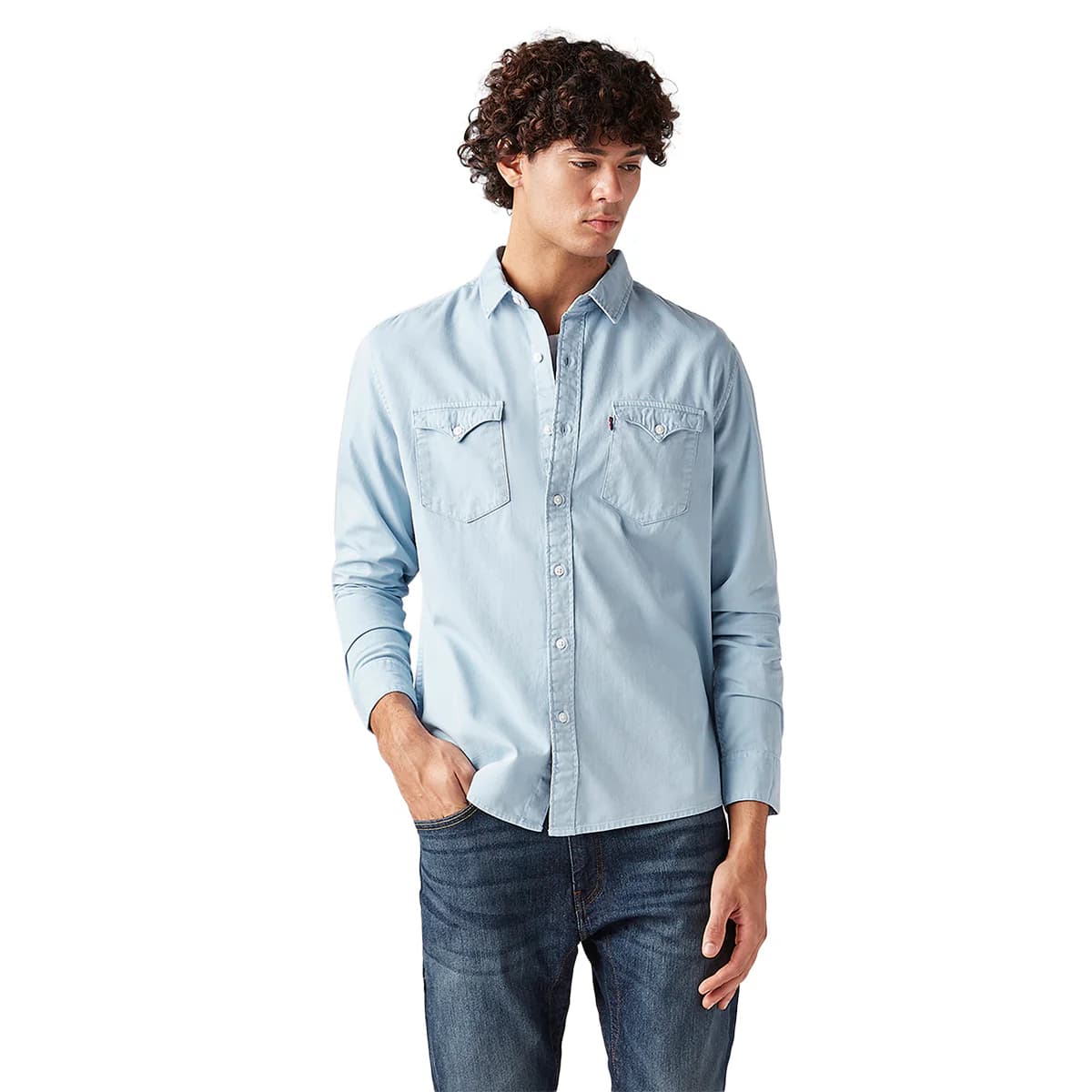 Men's Blue Casual Solid Spread Collar Cotton Shirt