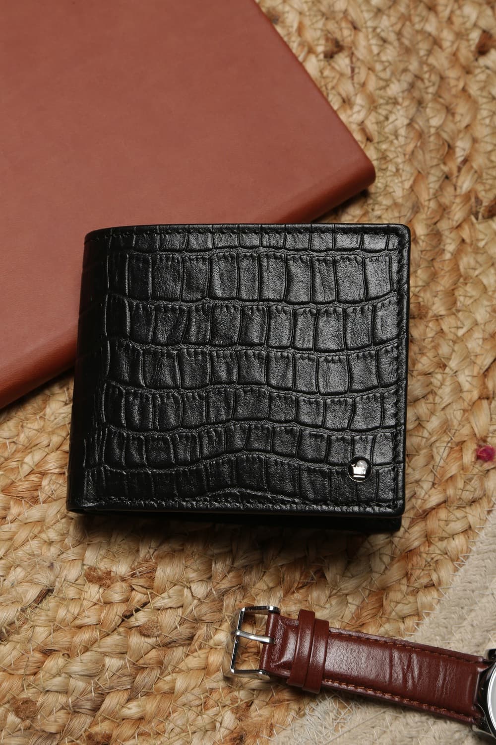 Men's Black Croc Textured Bifold Card Wallet