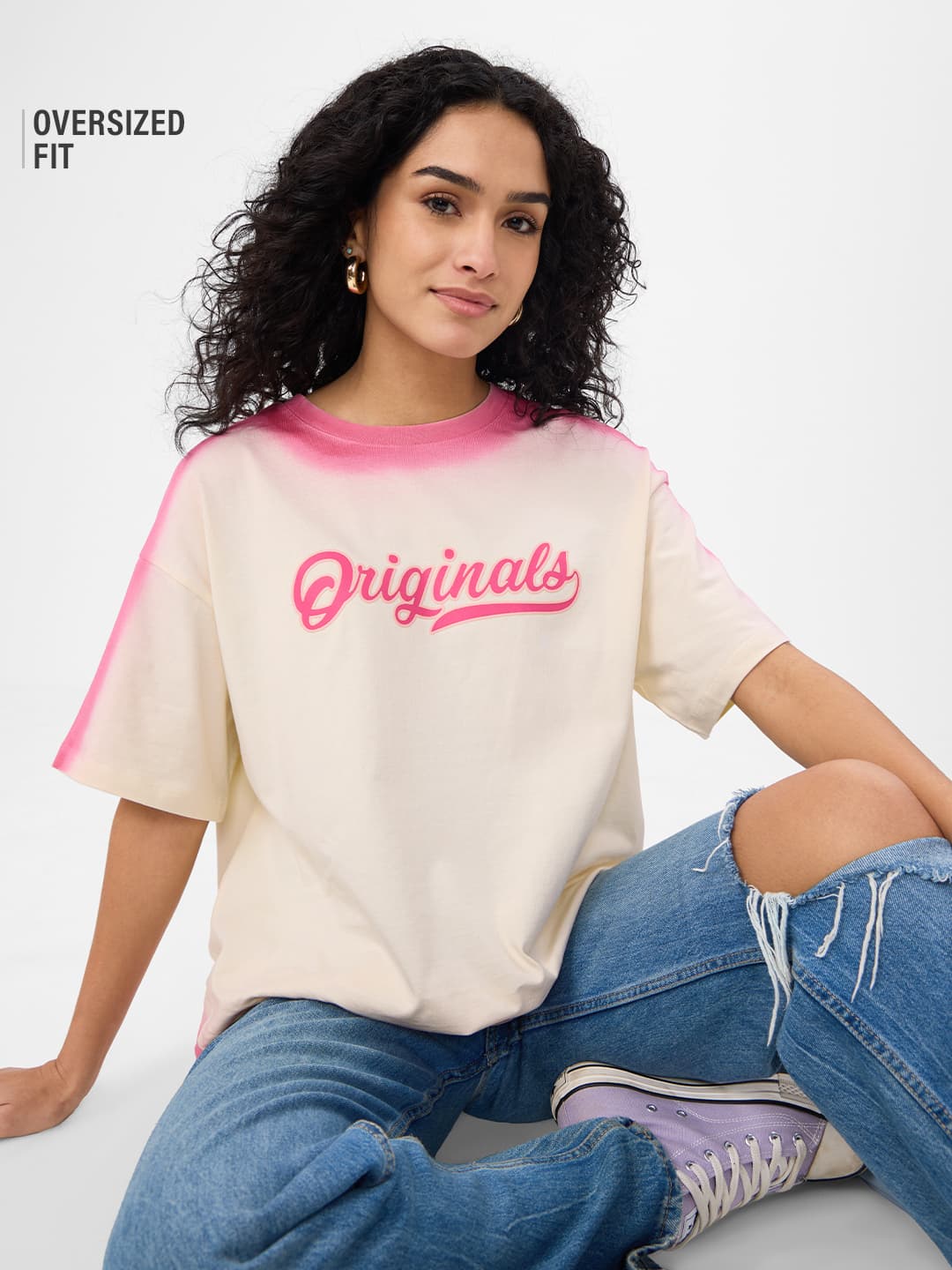 Women's Off White Casual Oversized Fit Graphic Half Sleeves Tshirt
