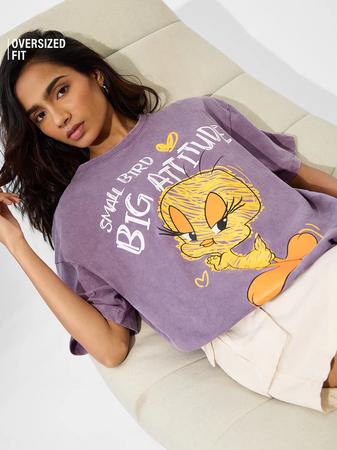 Women's Purple Casual Oversized Fit Graphic Half Sleeves Tshirt