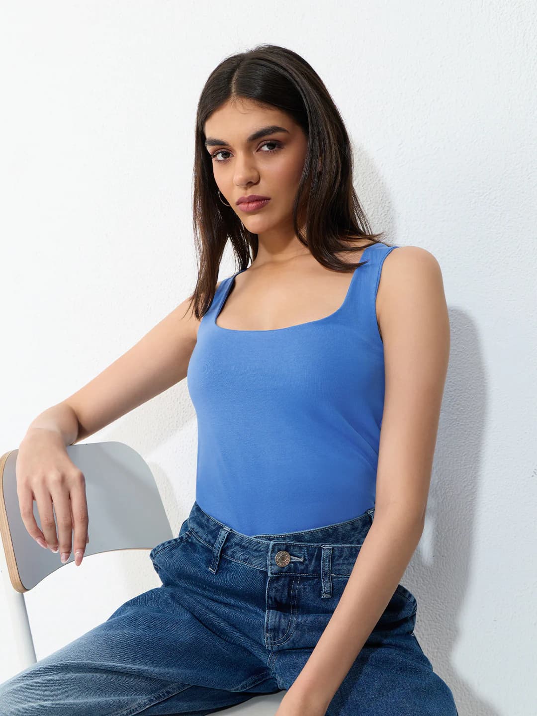 Women's Blue Casual Regular Fit Solid Sleeveless Tank