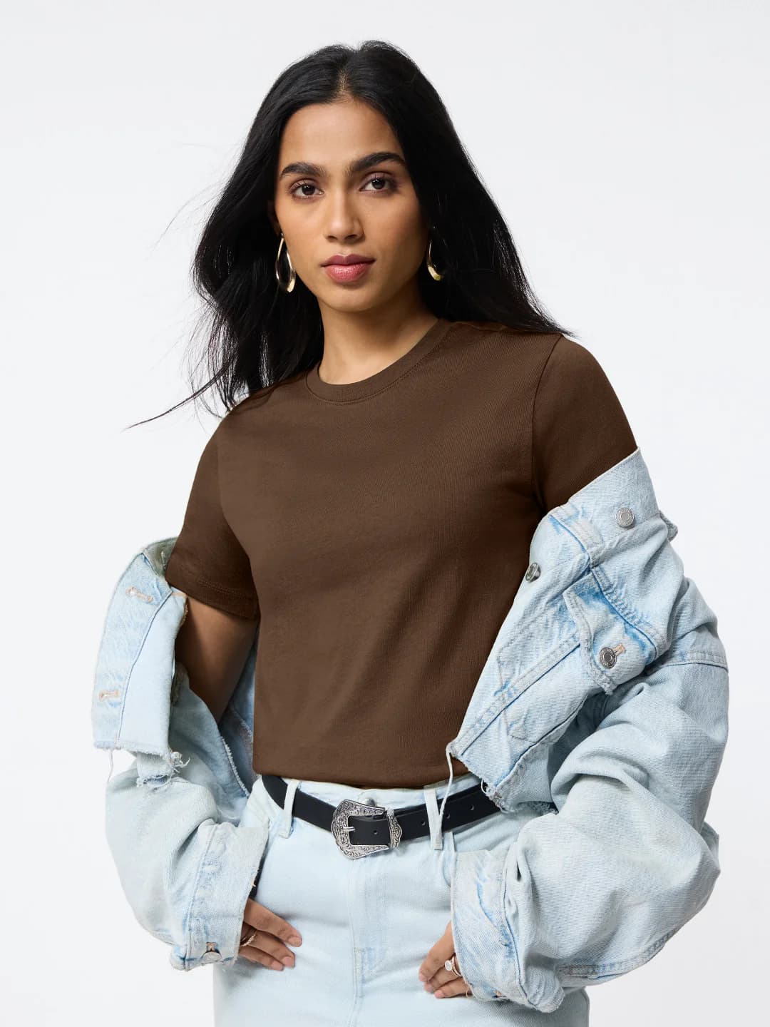 Women's Brown Casual Regular Fit Solid Half Sleeves Tshirt