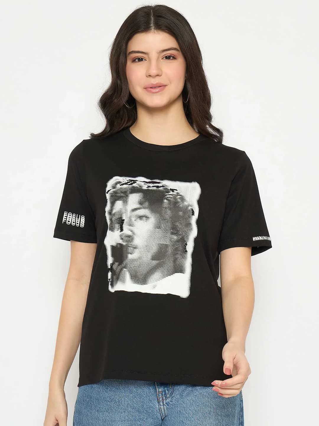 Women's Black Casual Graphic Print Cotton Tshirt