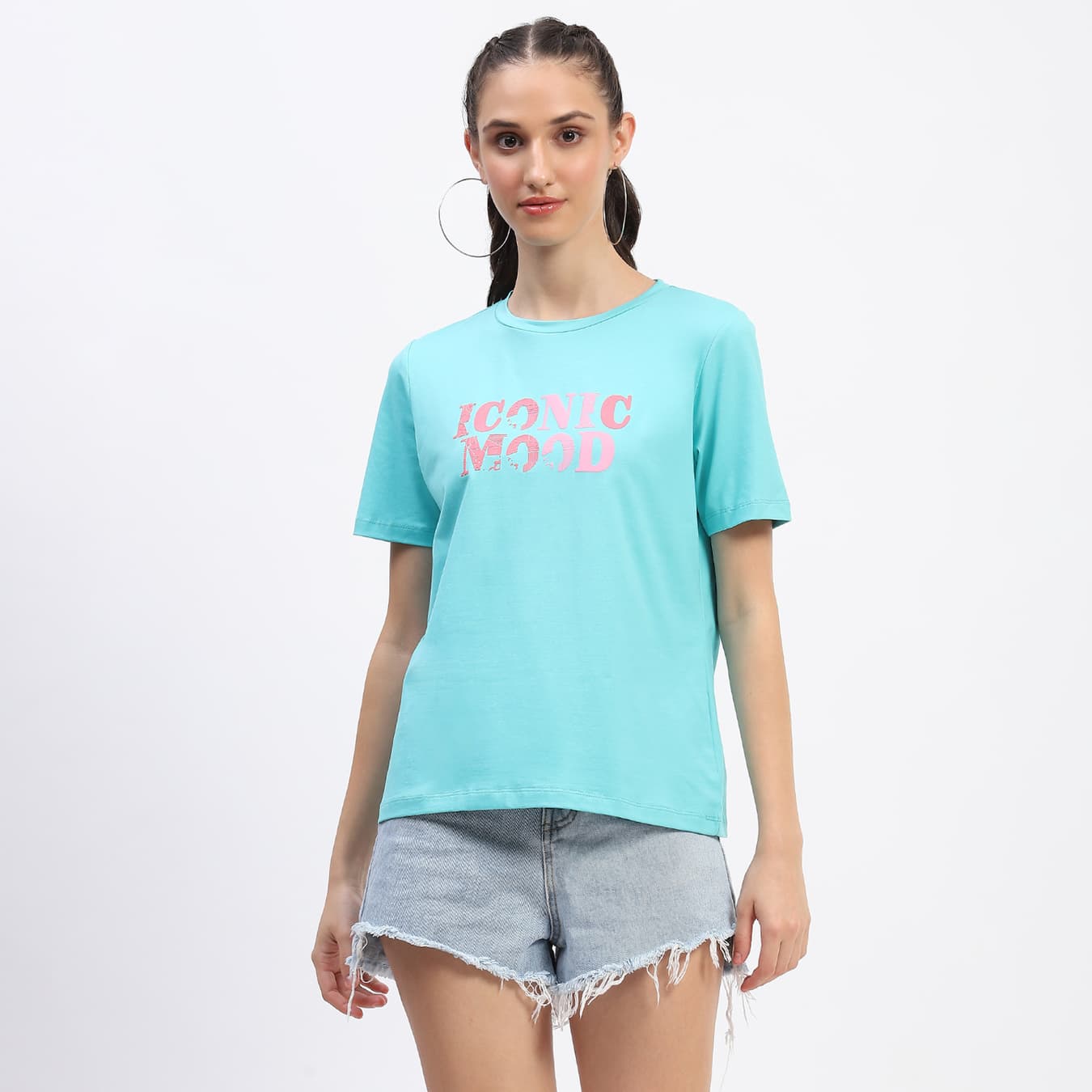 Women's Blue Casual Typography Detailing Cotton Top