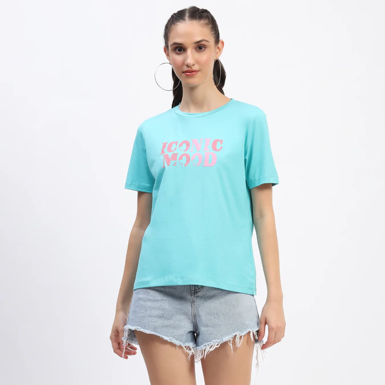 Women's Blue Casual Typography Detailing Cotton Top