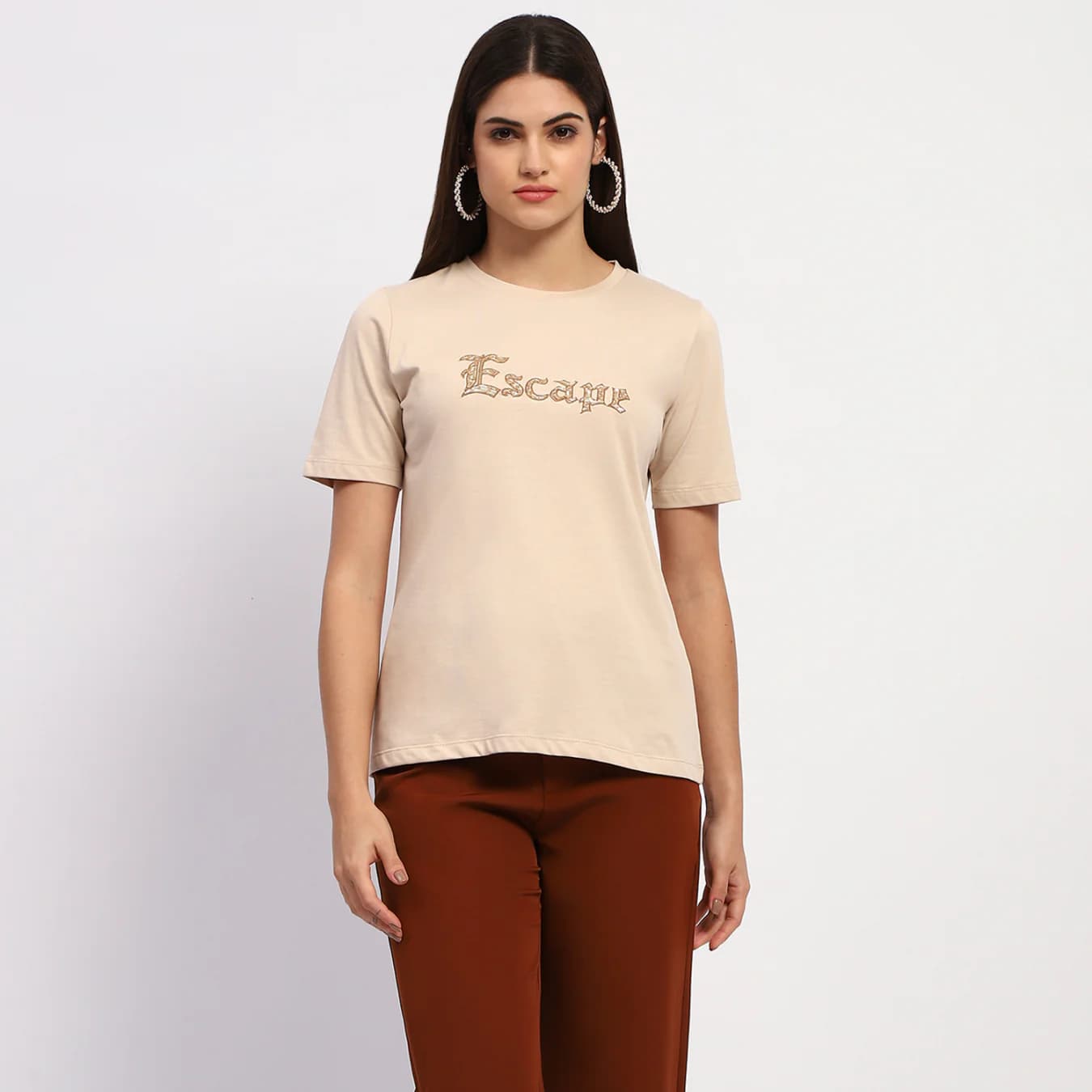 Women's Beige Casual Typography Print Round Neck Cotton Top