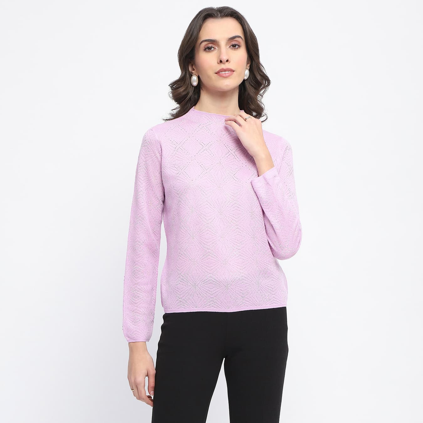 Women's Purple Casual Self Design Knitted Top