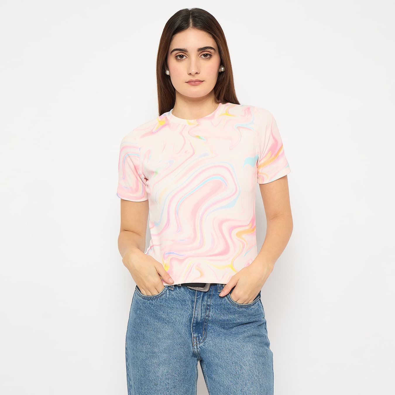 Women's White Casual Marble Print Round Neck Top