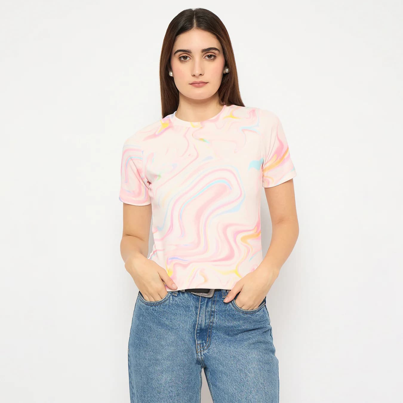 Women's White Casual Marble Print Round Neck Top