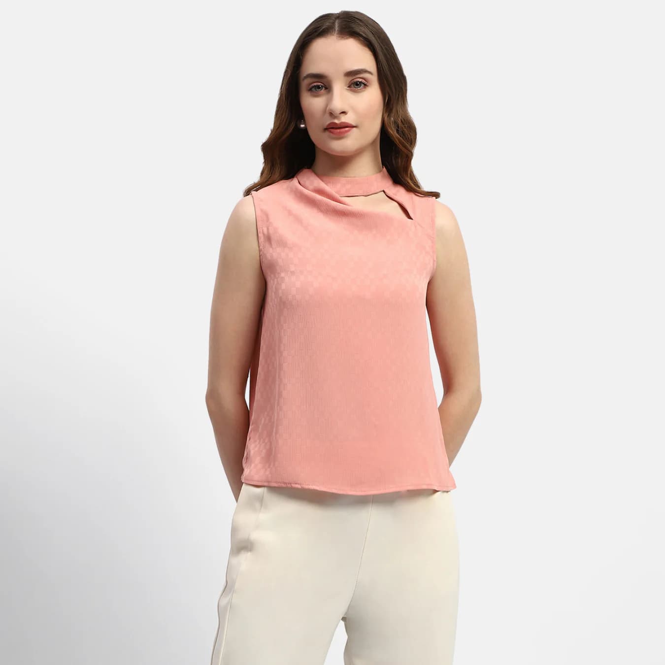 Women's Pink Casual Halter Neck Sleeveless Salmon Top