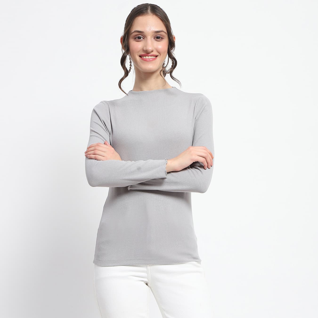 Women's Grey Casual High Neck Full Sleeve Solid Top
