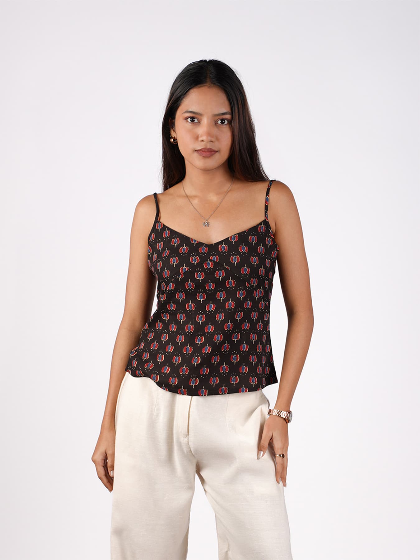 Women's Black Casual Printed Slim Fit V-Neck Top