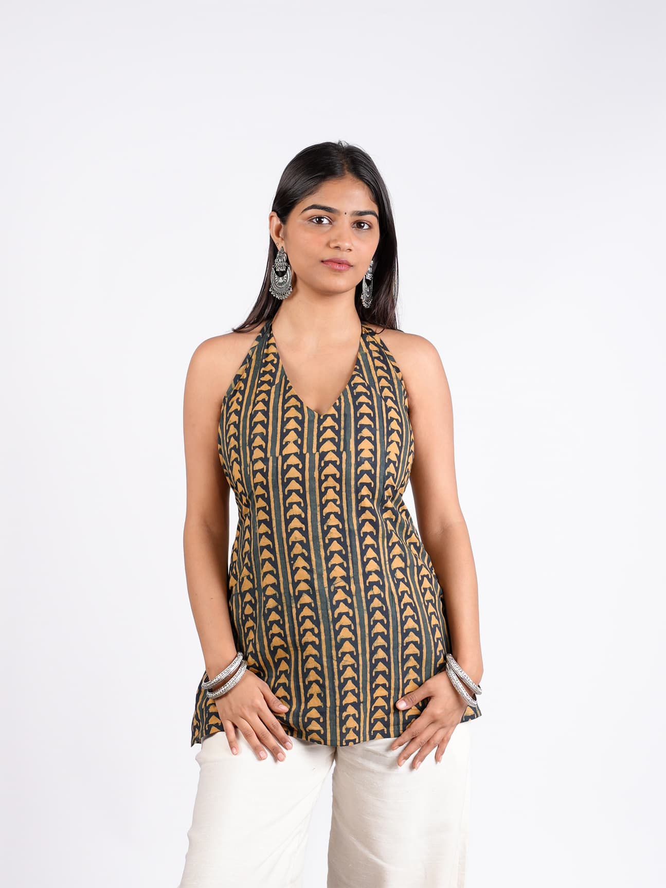 Women's Yellow Casual Geometric Slim Fit Halter Neck Kurti