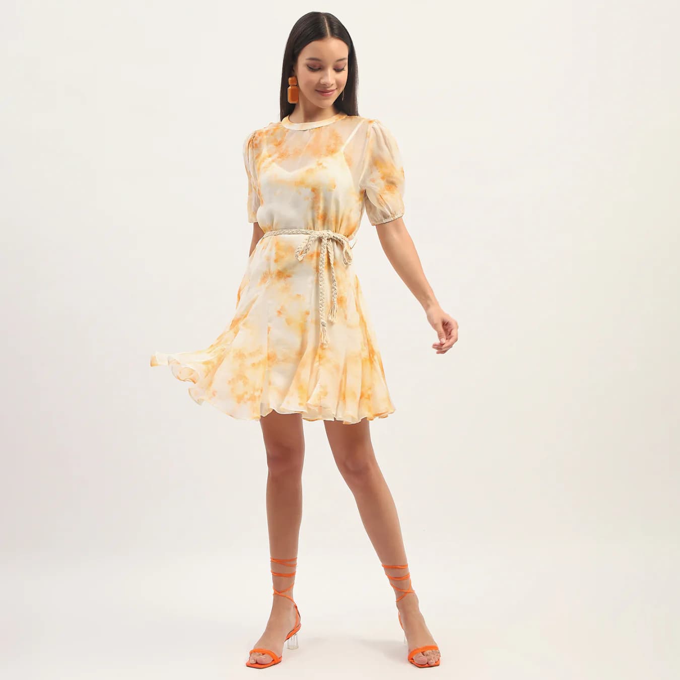 Women's Orange Casual Tie Dye Belted Rayon Blend Mini Dress