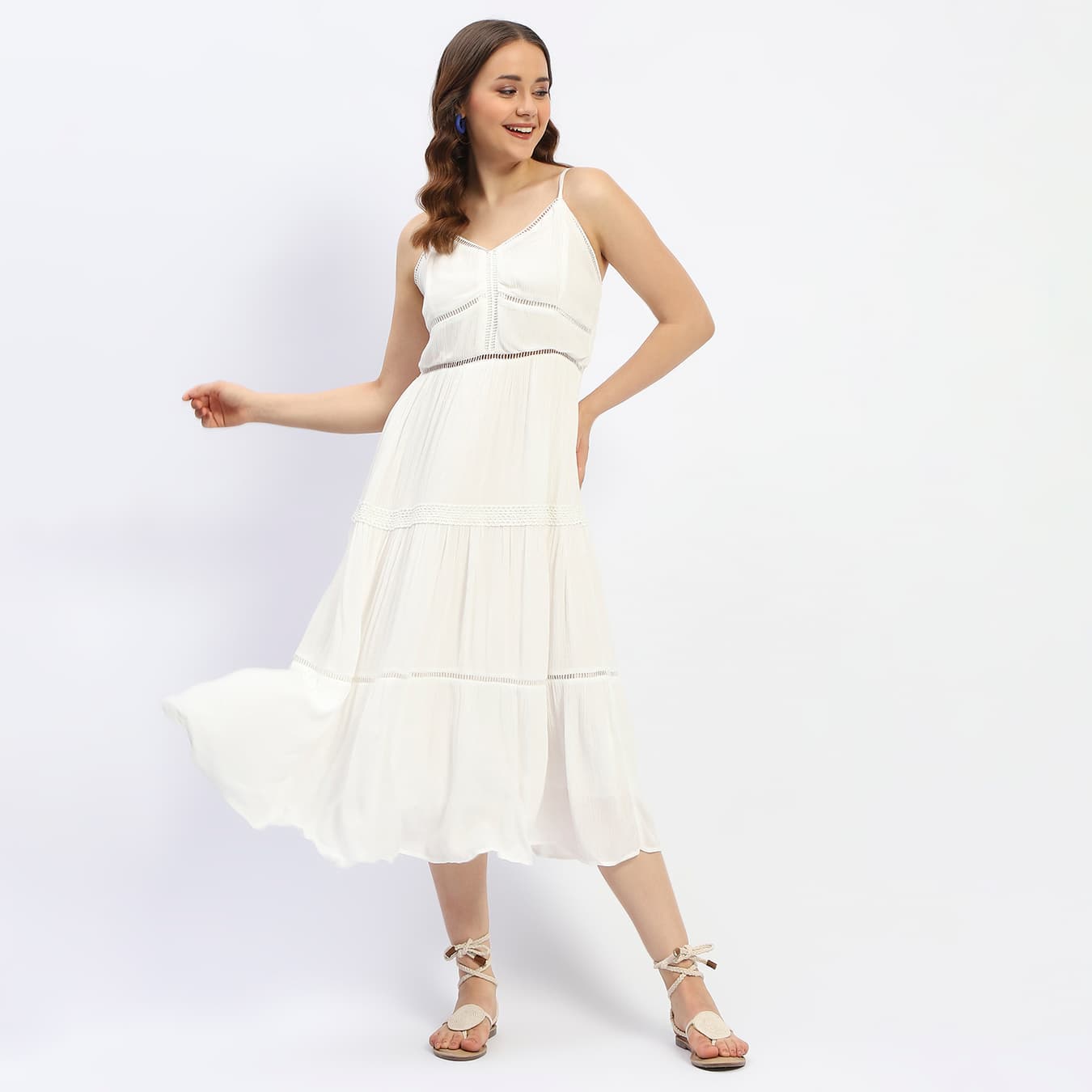 Women's White Casual Tiered Cami Cotton Dress