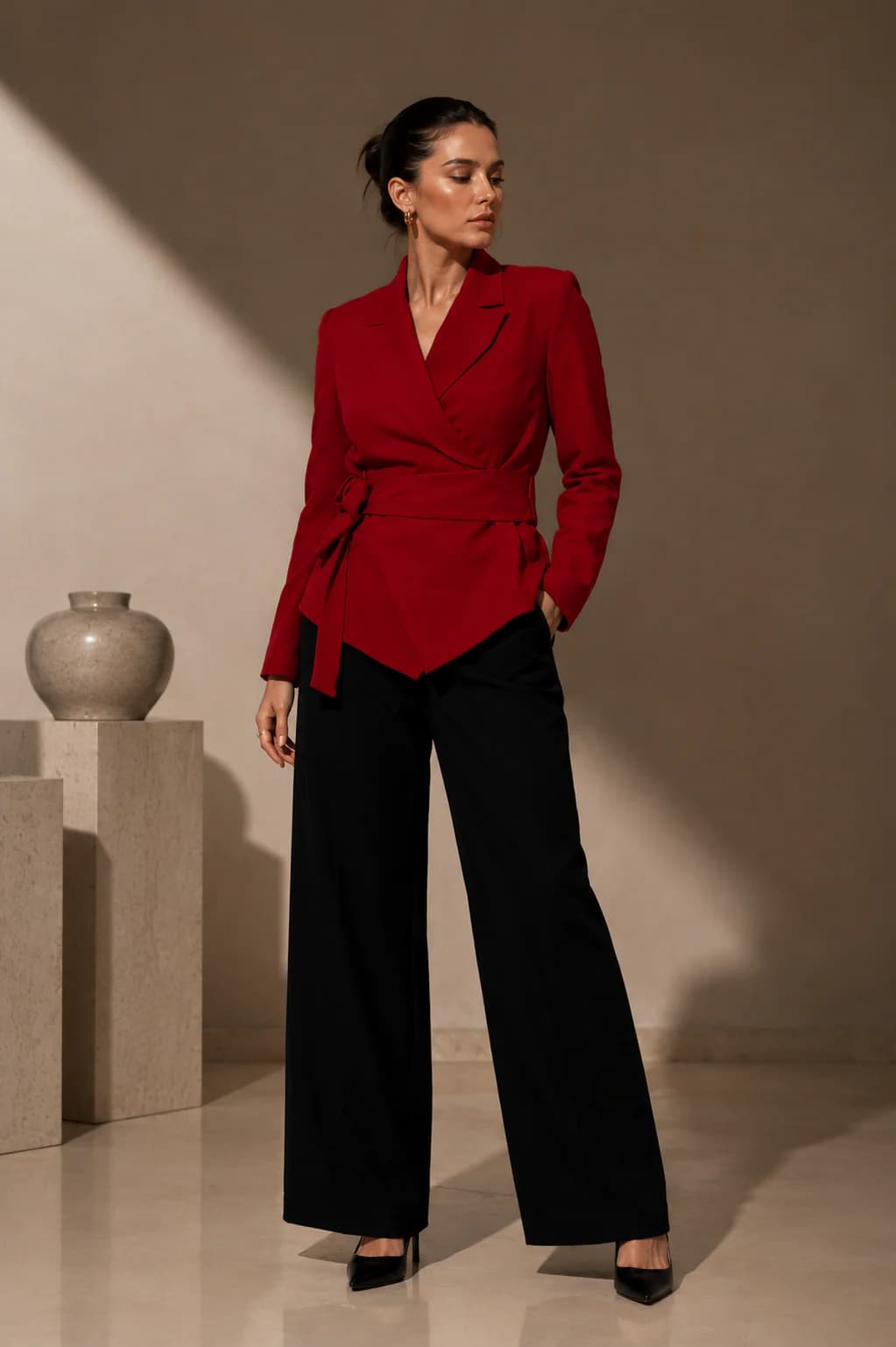 Women's Red Party Full Sleeves Solid Blazer
