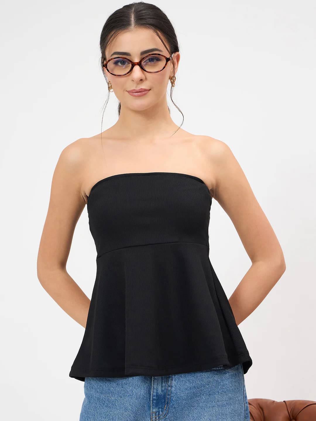 Women's Black Casual Solid Strapless Ribbed Bandeau Peplum Top