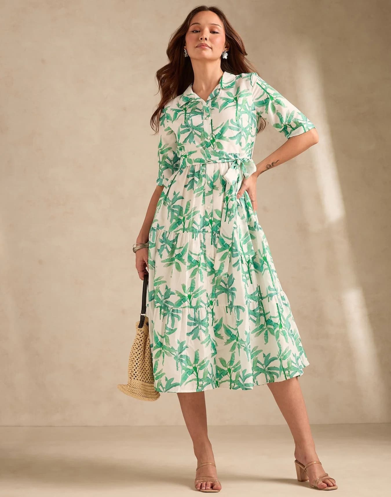 Women's Multicolor Midi Length Tiered Printed Dress