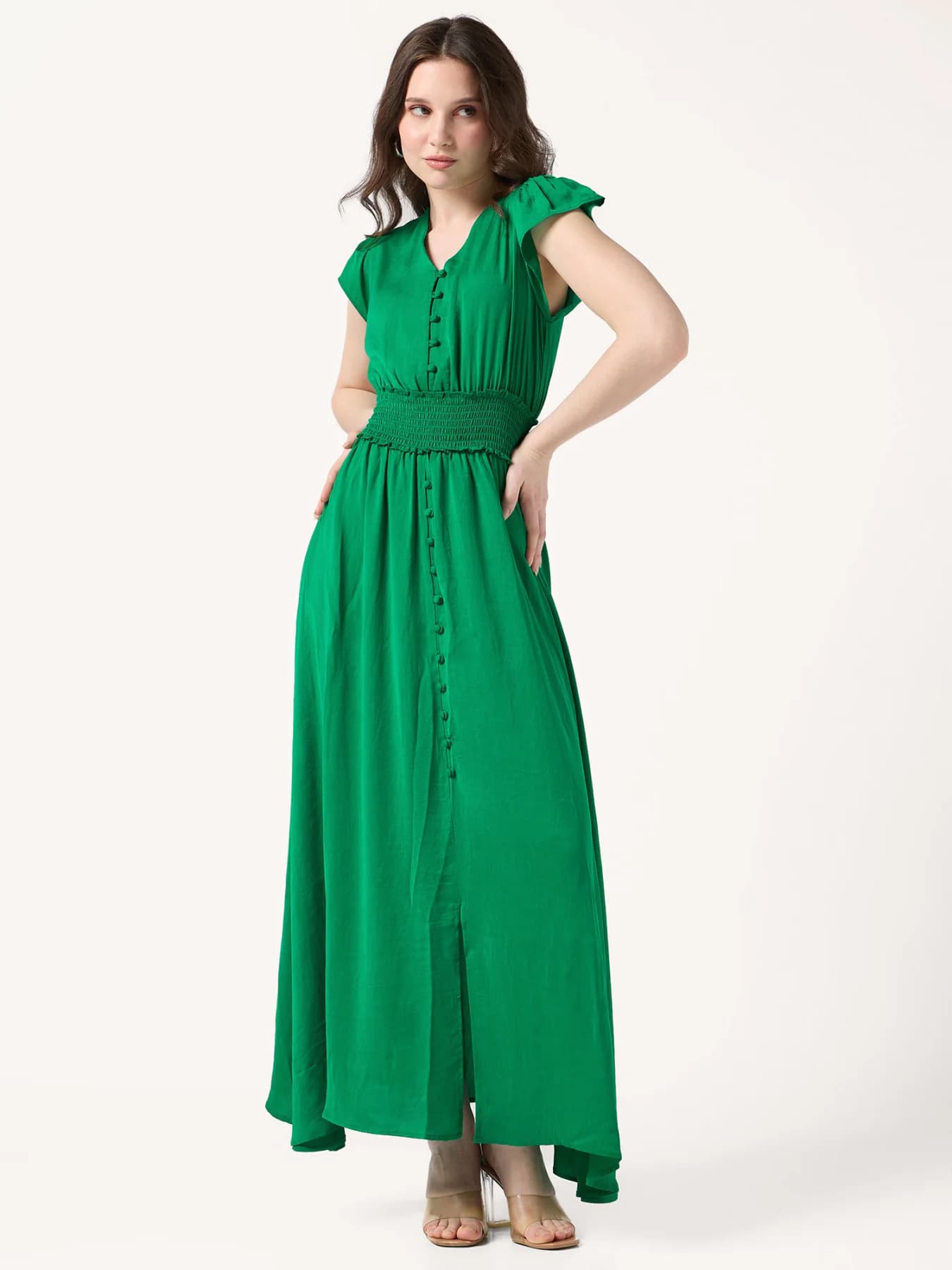 Women's Green Tiered Maxi Length Flared Dress