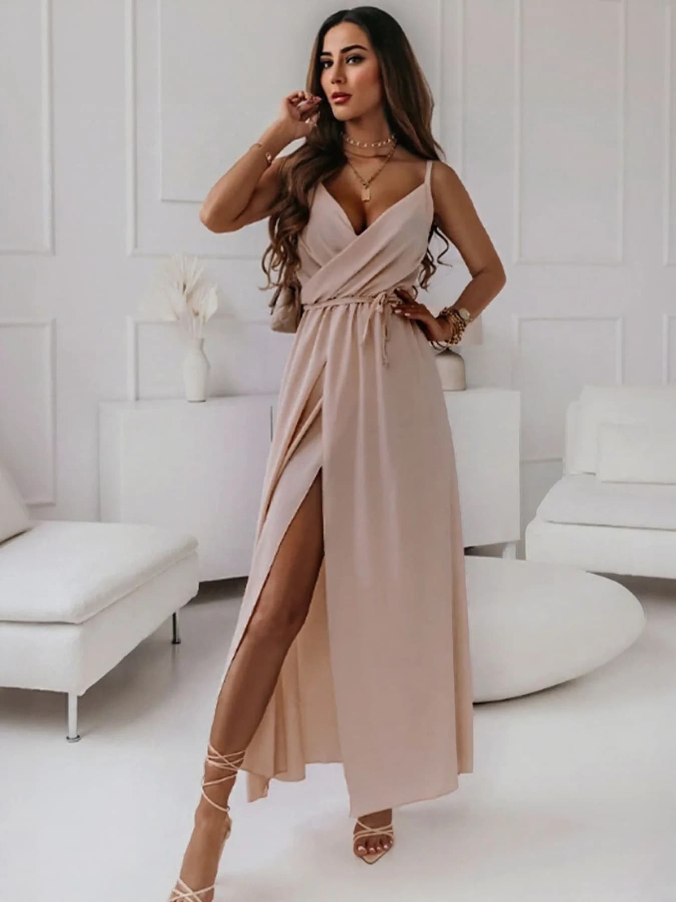 Women's Pink High Slit Wrap Maxi Dress