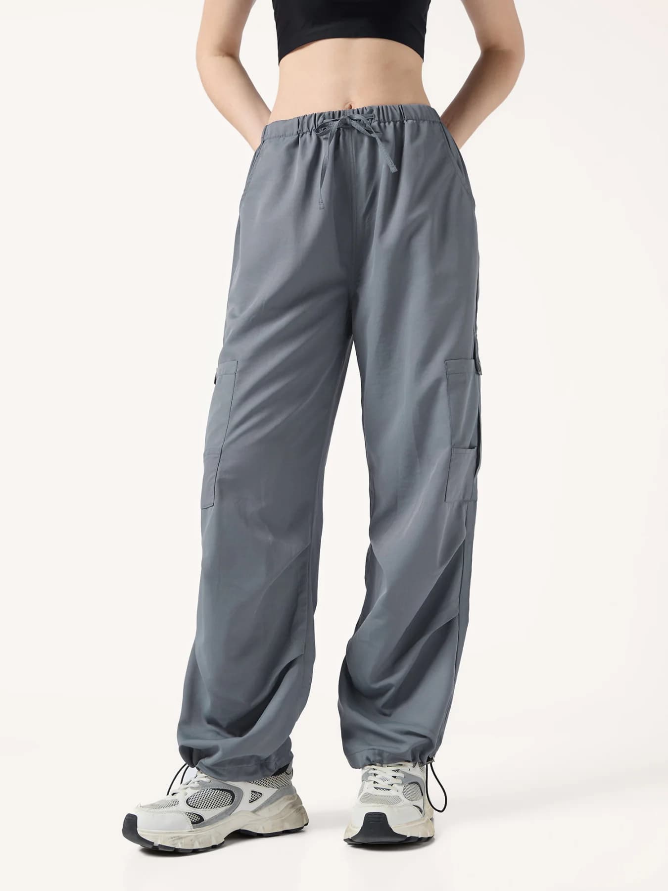 Women's Grey Cargo Pockets Drawstring Wide Leg Trouser