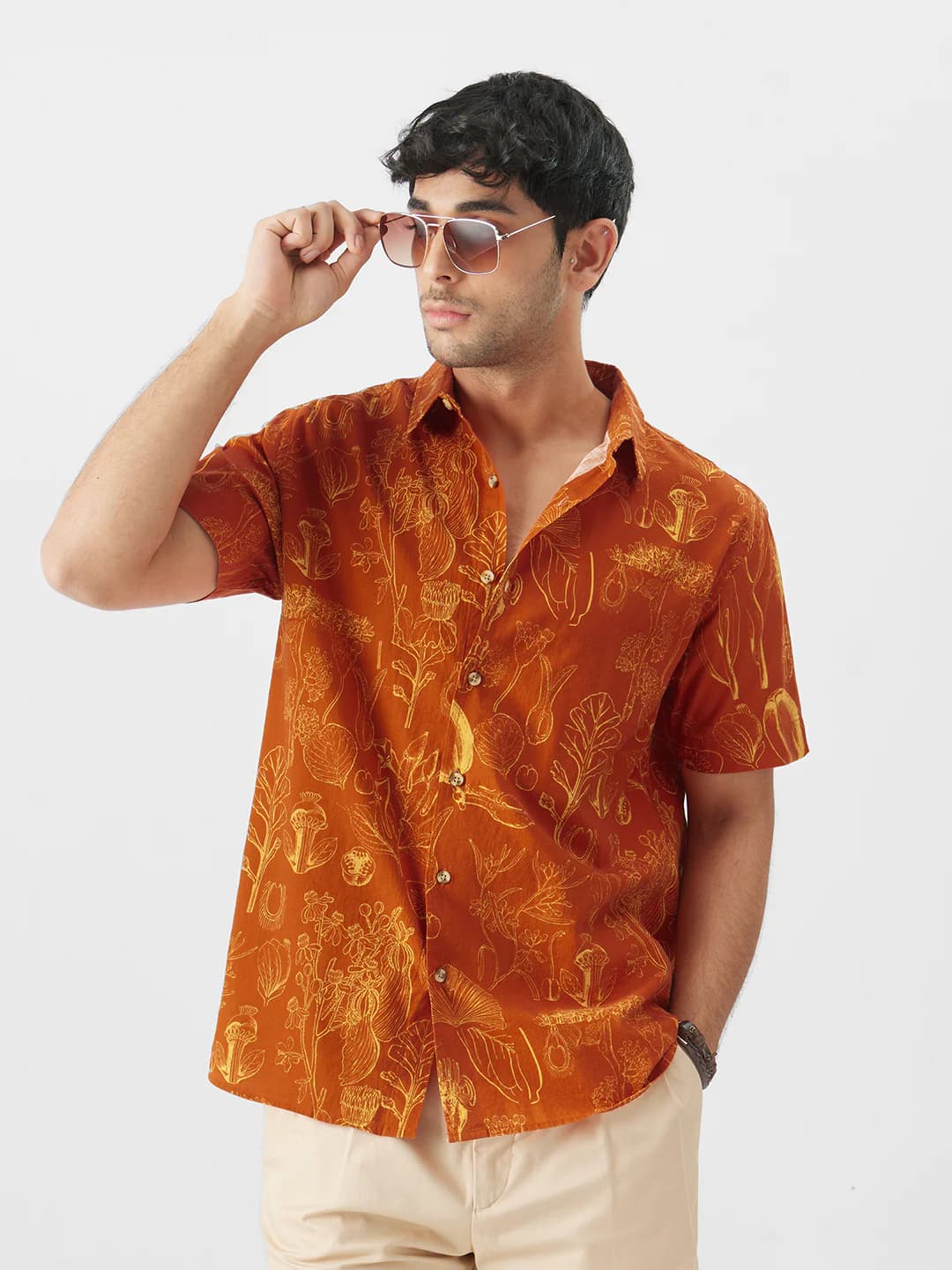 Men's Orange Casual Half Sleeves Holiday Cotton Shirt