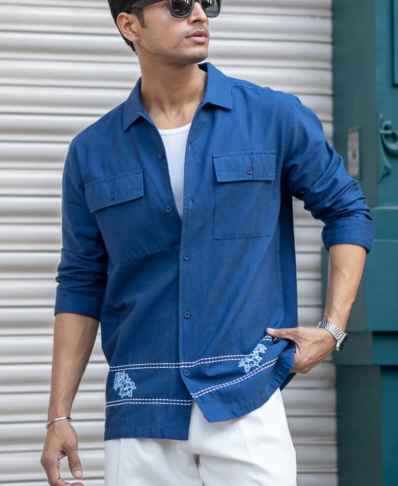 Men's Blue Casual Full Sleeves Regular Fit Cotton Shirt