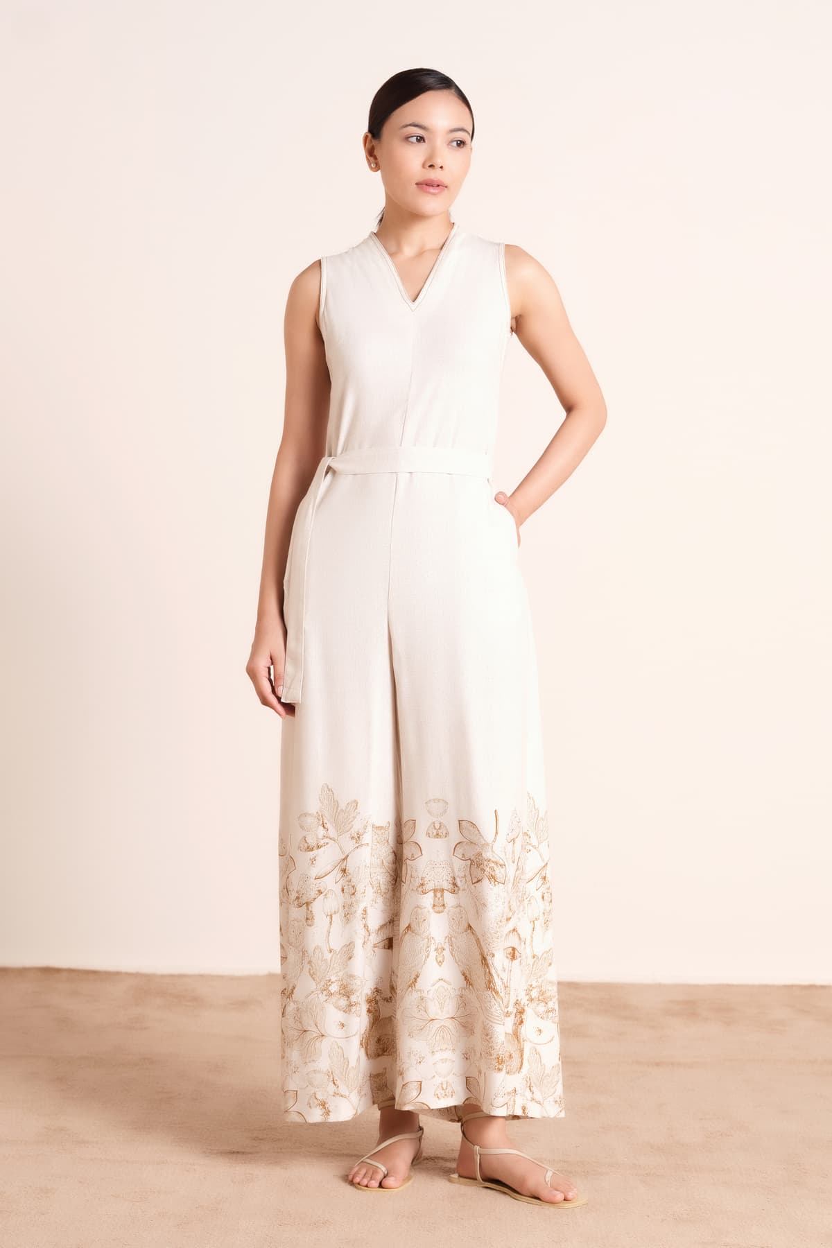 Women's Cream Casual Floral V-Neck Jumpsuit