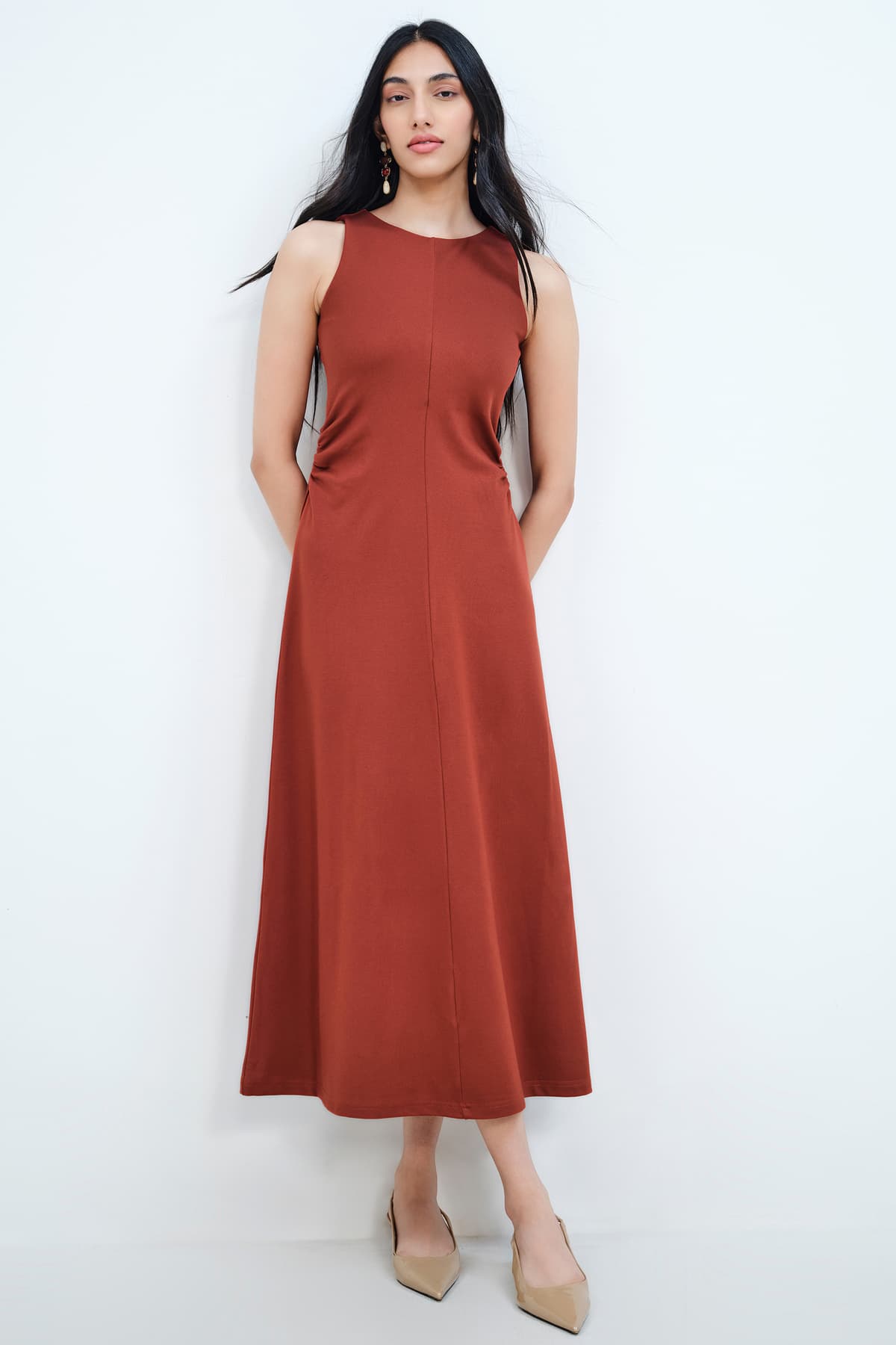 Women's Orange Casual Solid Sleeveless Dress