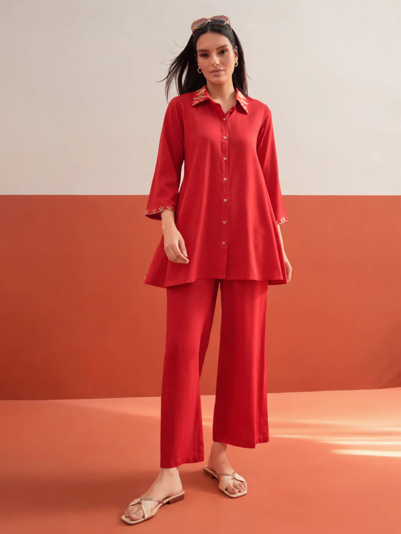 Women's Red Festive Three Quarter Sleeves Co-ords Set