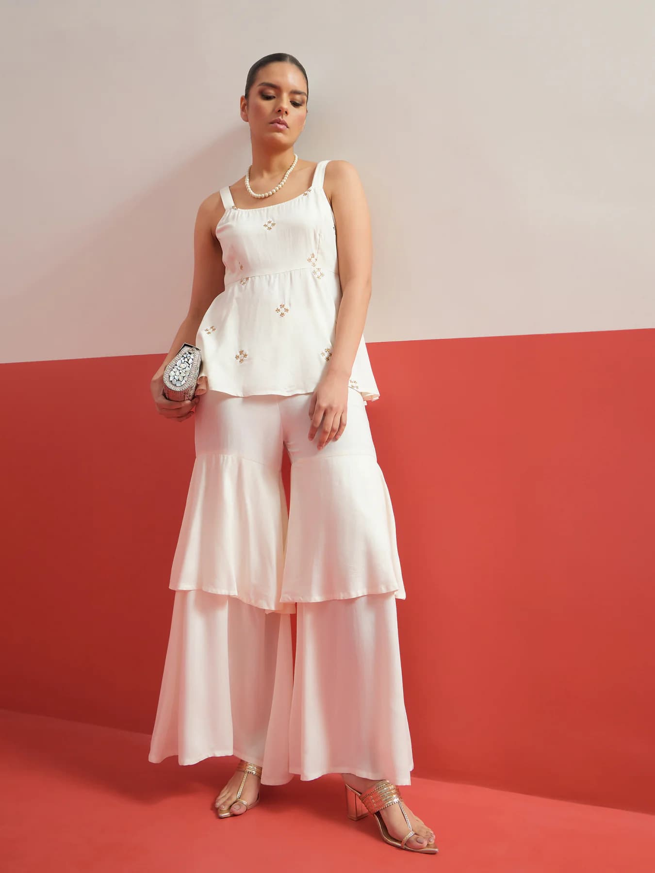 Women's White Festive Sleeveless Co-ords Set