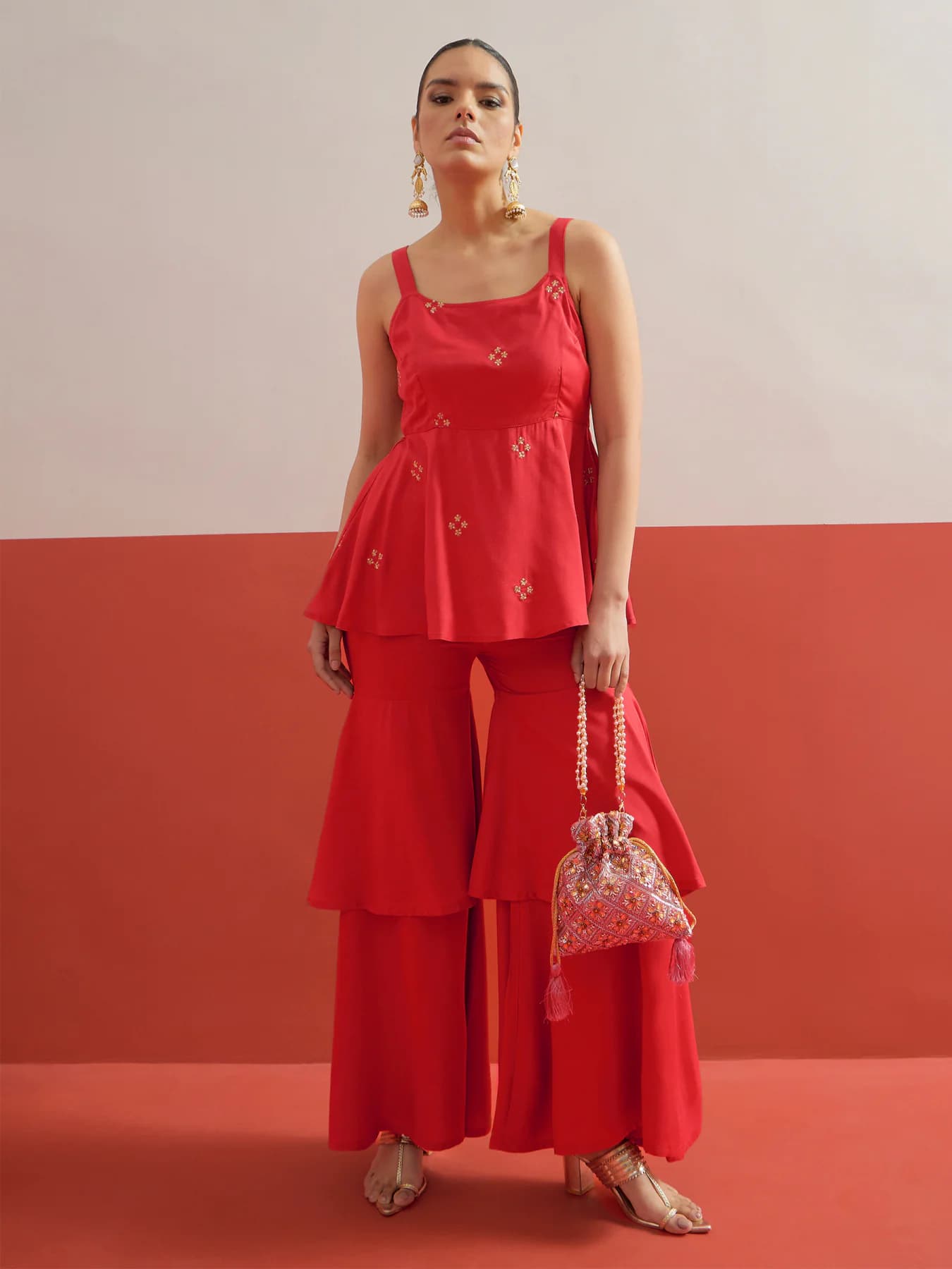 Women's Red Festive Sleeveless Co-ords Set