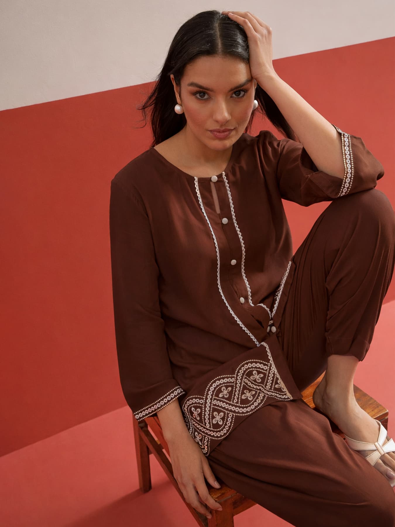 Women's Brown Festive Three Quarter Sleeves Kurta Set