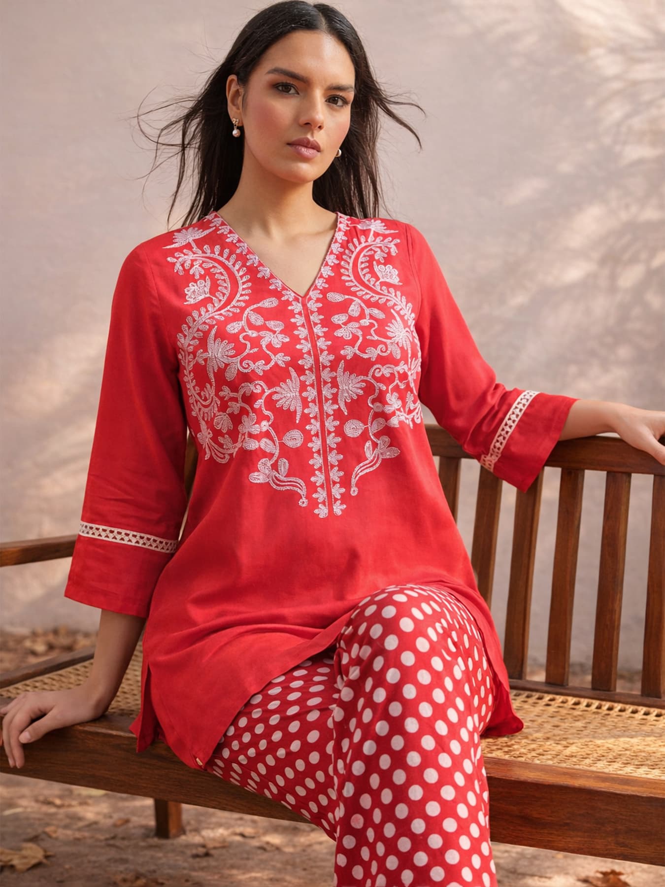 Women's Red Festive Three Quarter Sleeves Kurta Set