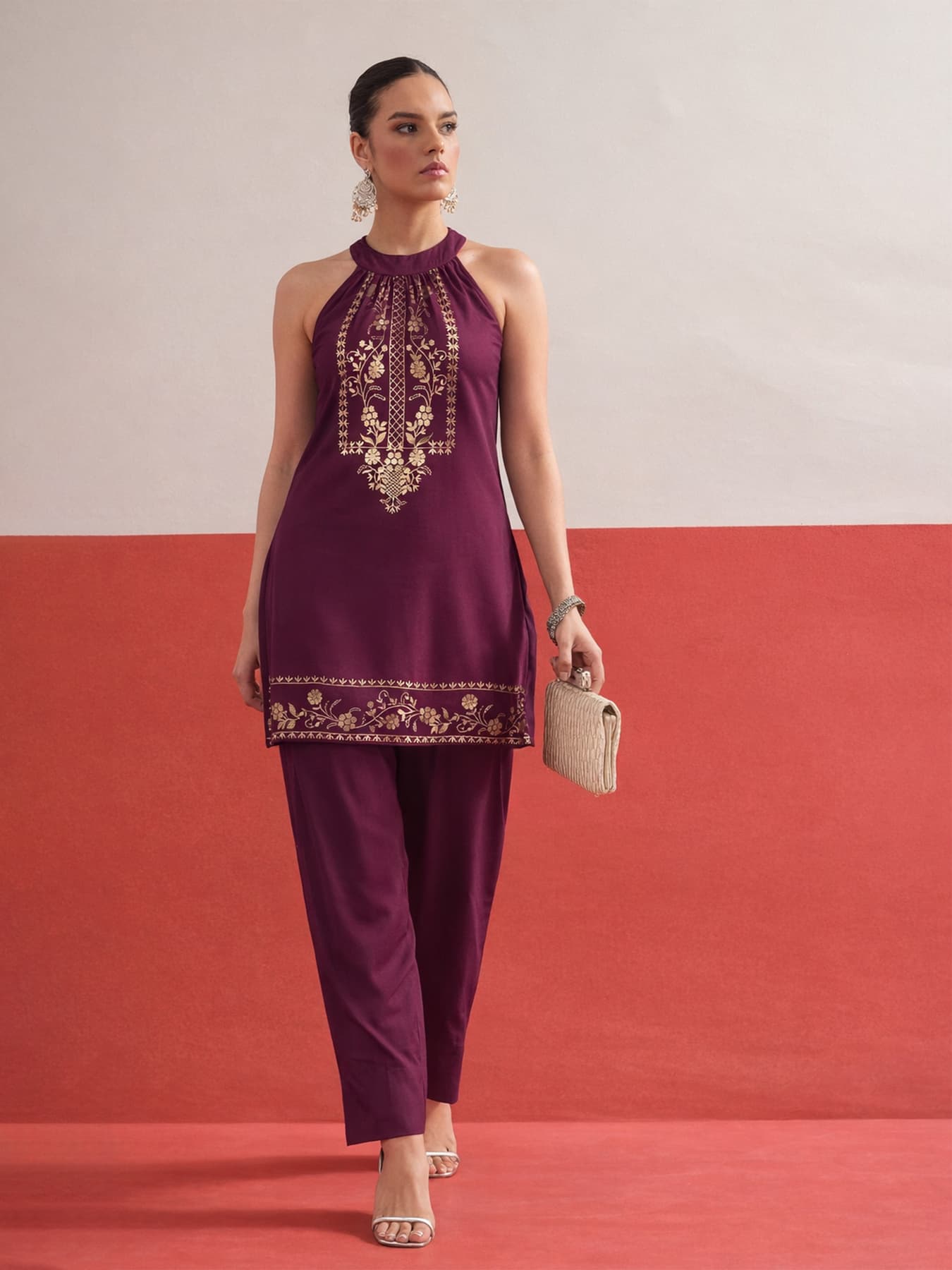 Women's Red Festive Sleeveless Kurta Set