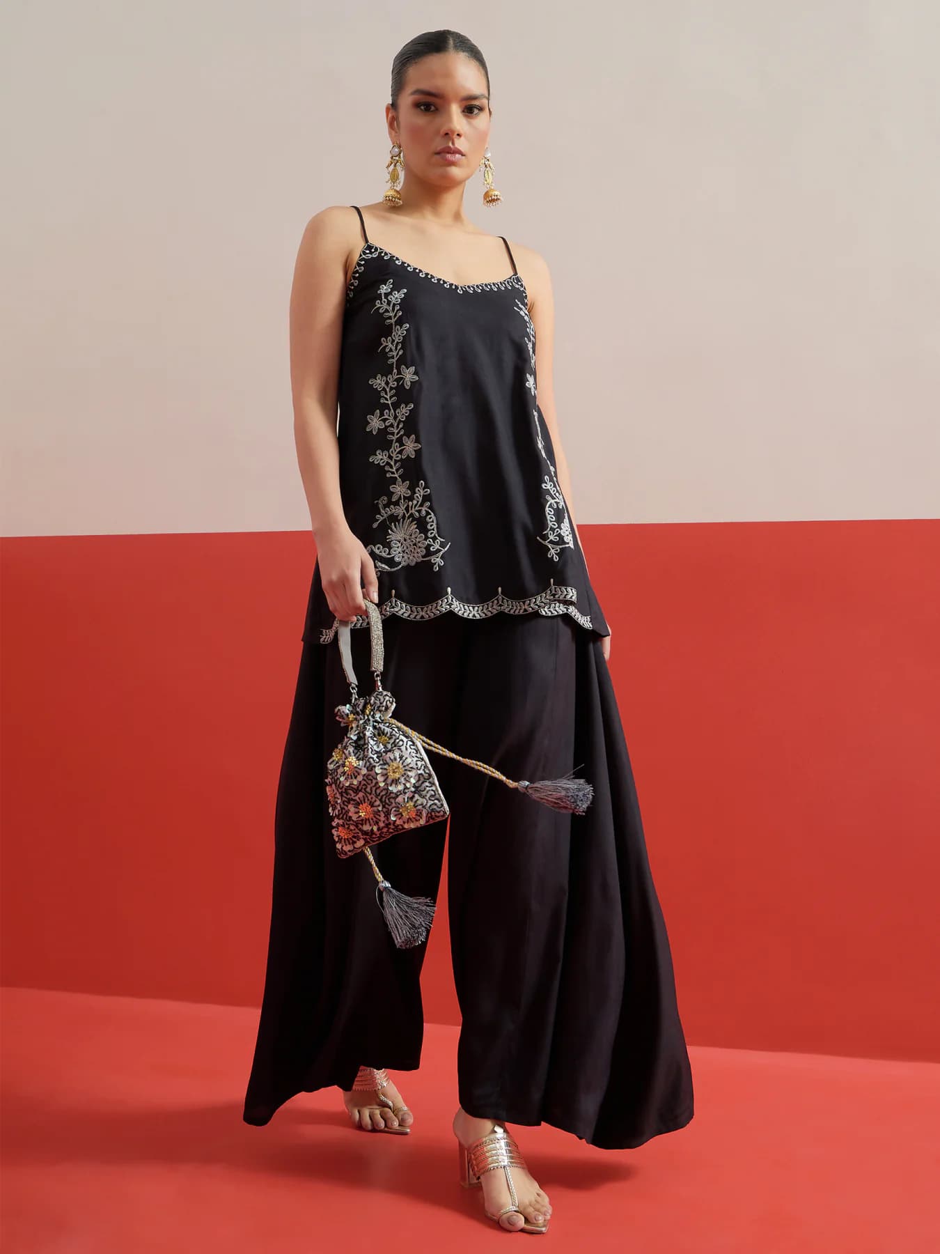 Women's Black Festive Sleeveless Co-ords Set