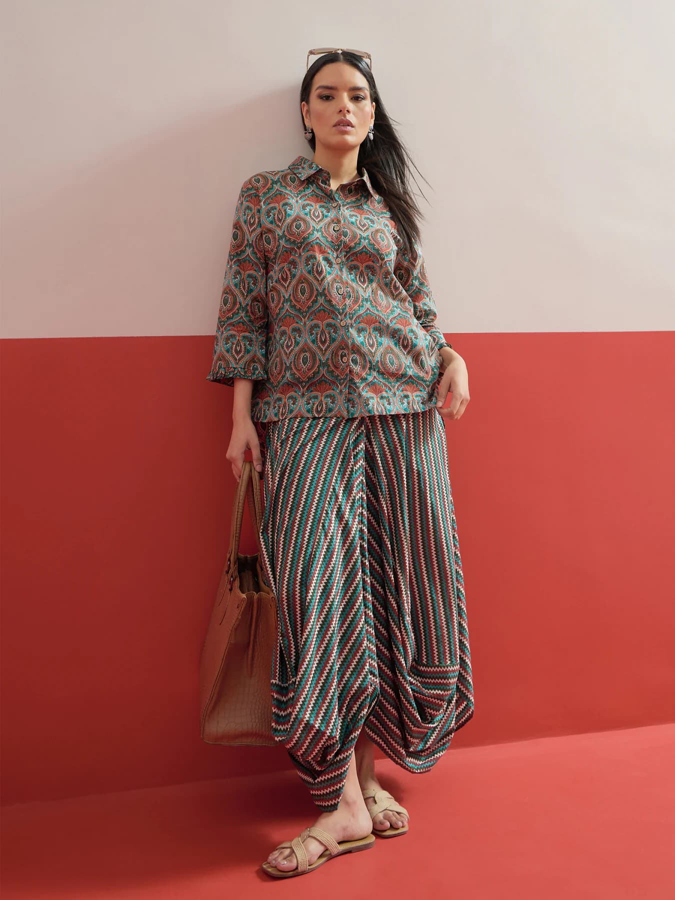 Women's Green Festive Three Quarter Sleeves Co-ords Set