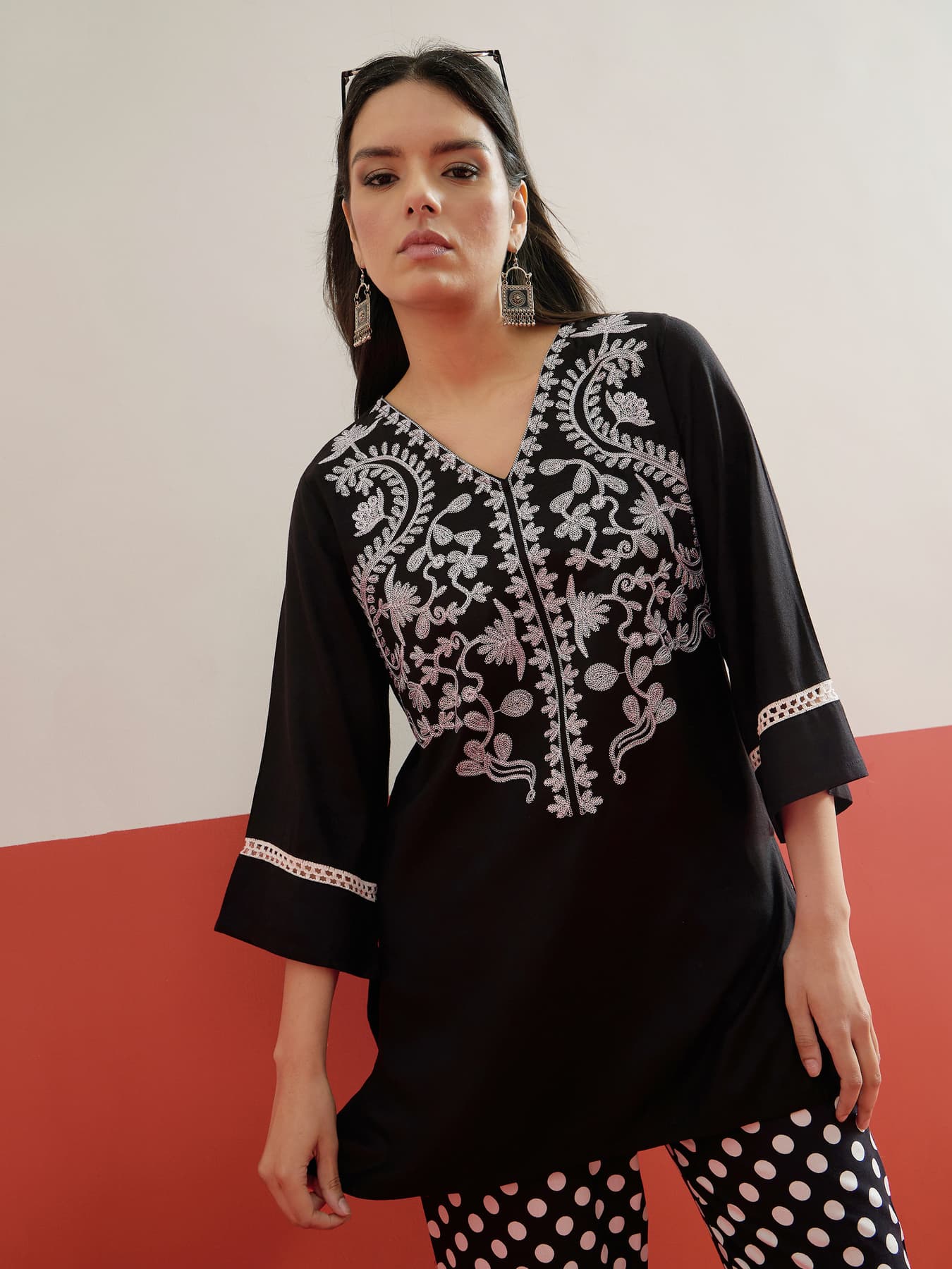 Women's Black Festive Three Quarter Sleeves Kurta Set