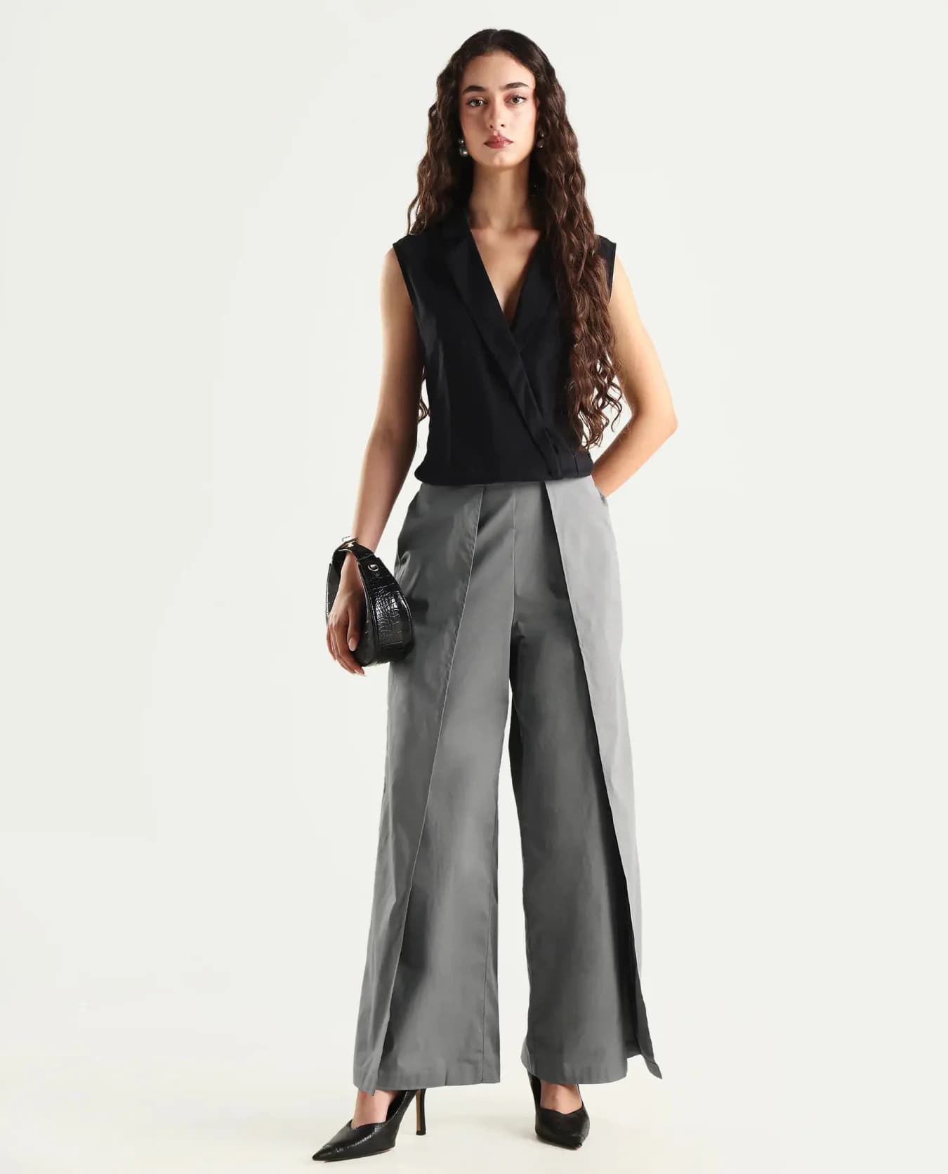 Women's Grey Formal Solid High Rise Trouser