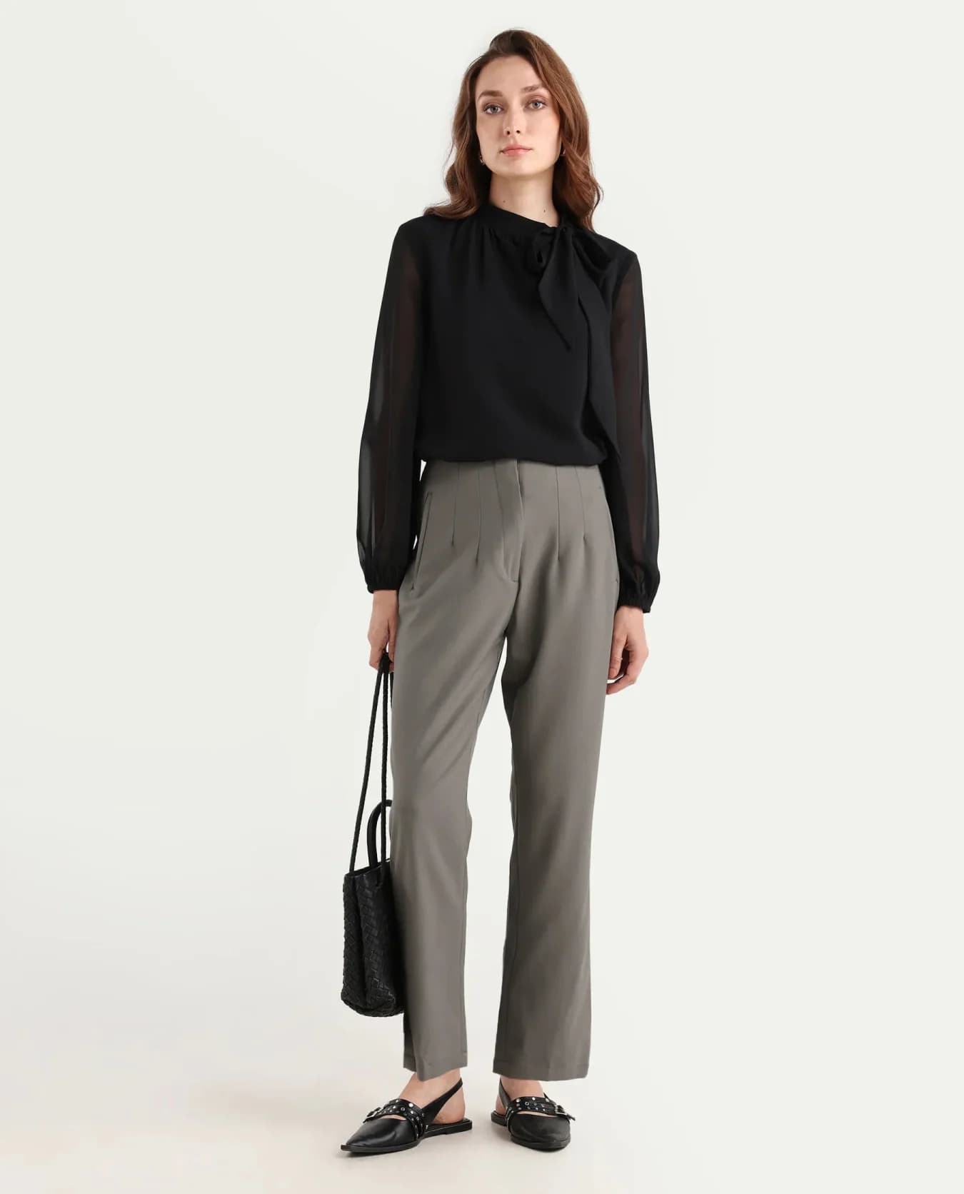 Women's Grey Formal Solid High Rise Trouser