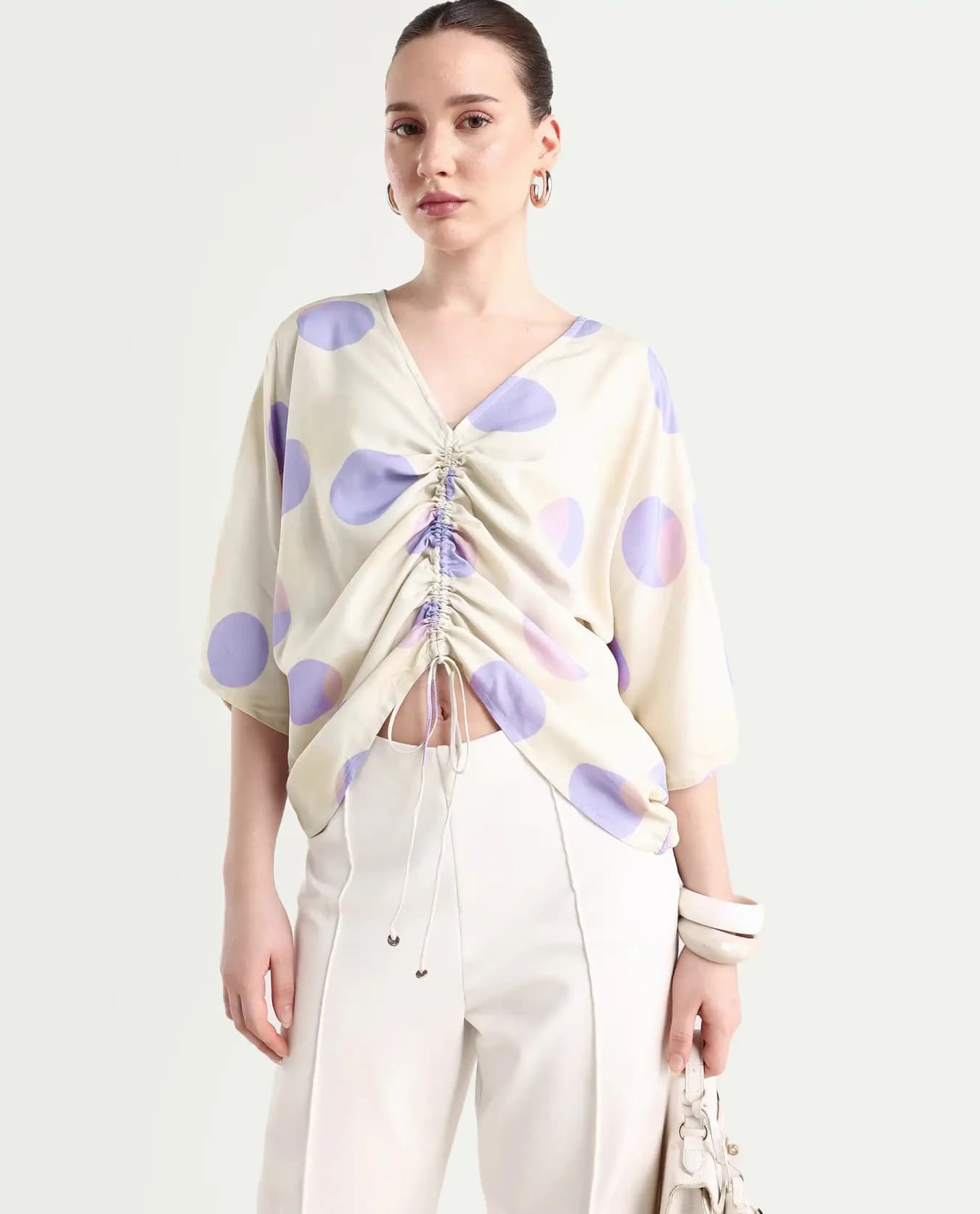 Women's Cream Casual Printed Oversized Fit V-Neck Top