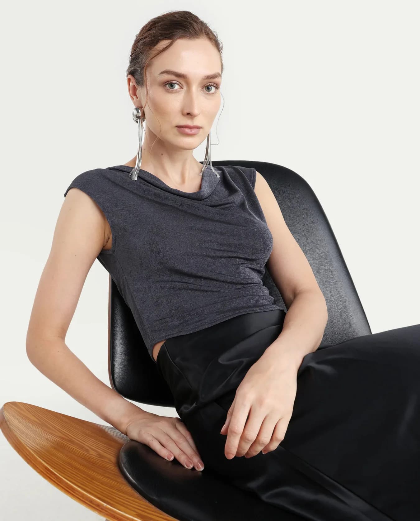 Women's Grey Casual Solid Regular Fit Cowl Neck Top