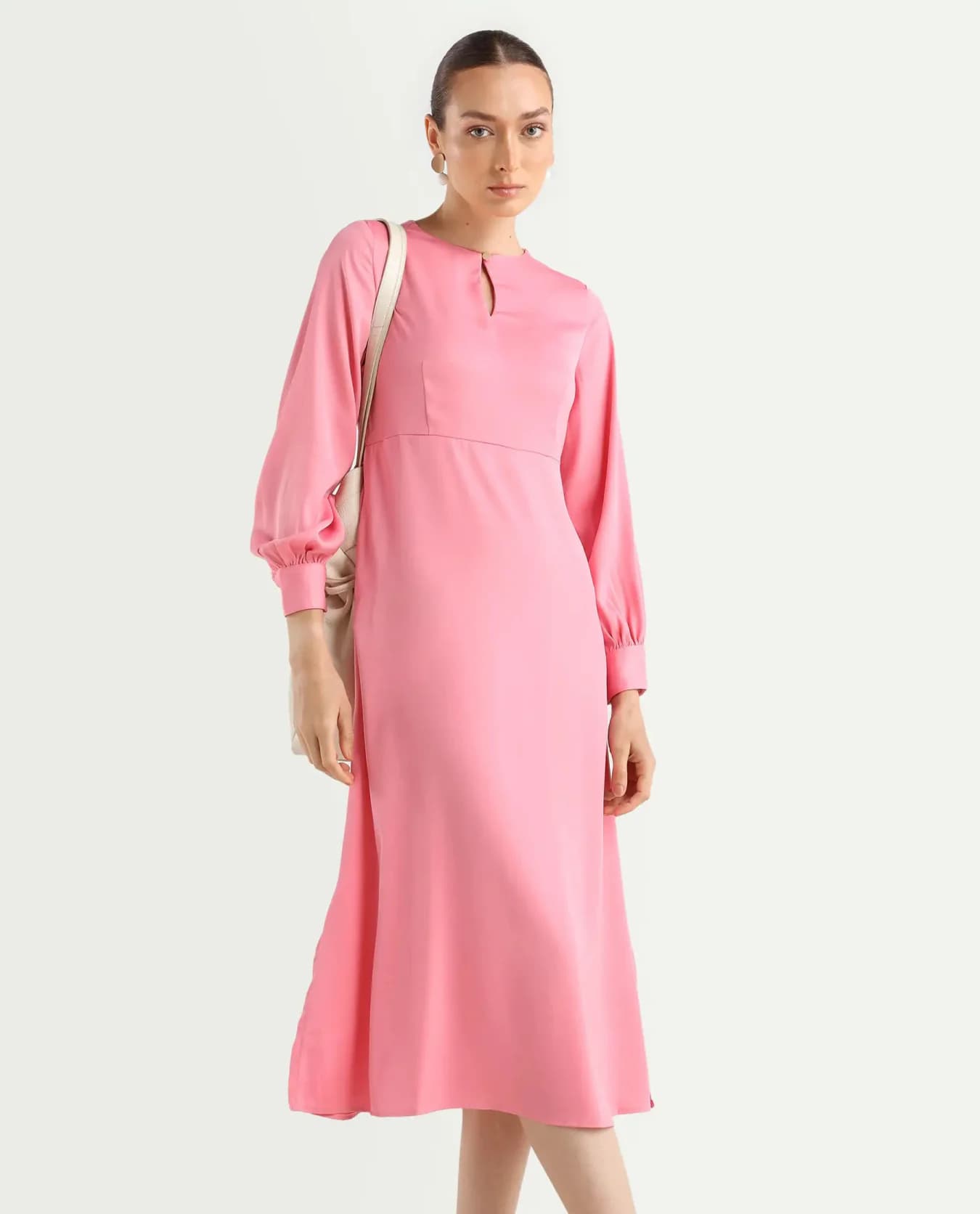 Women's Pink Casual Solid Fit & Flared Keyhole Neck Dress