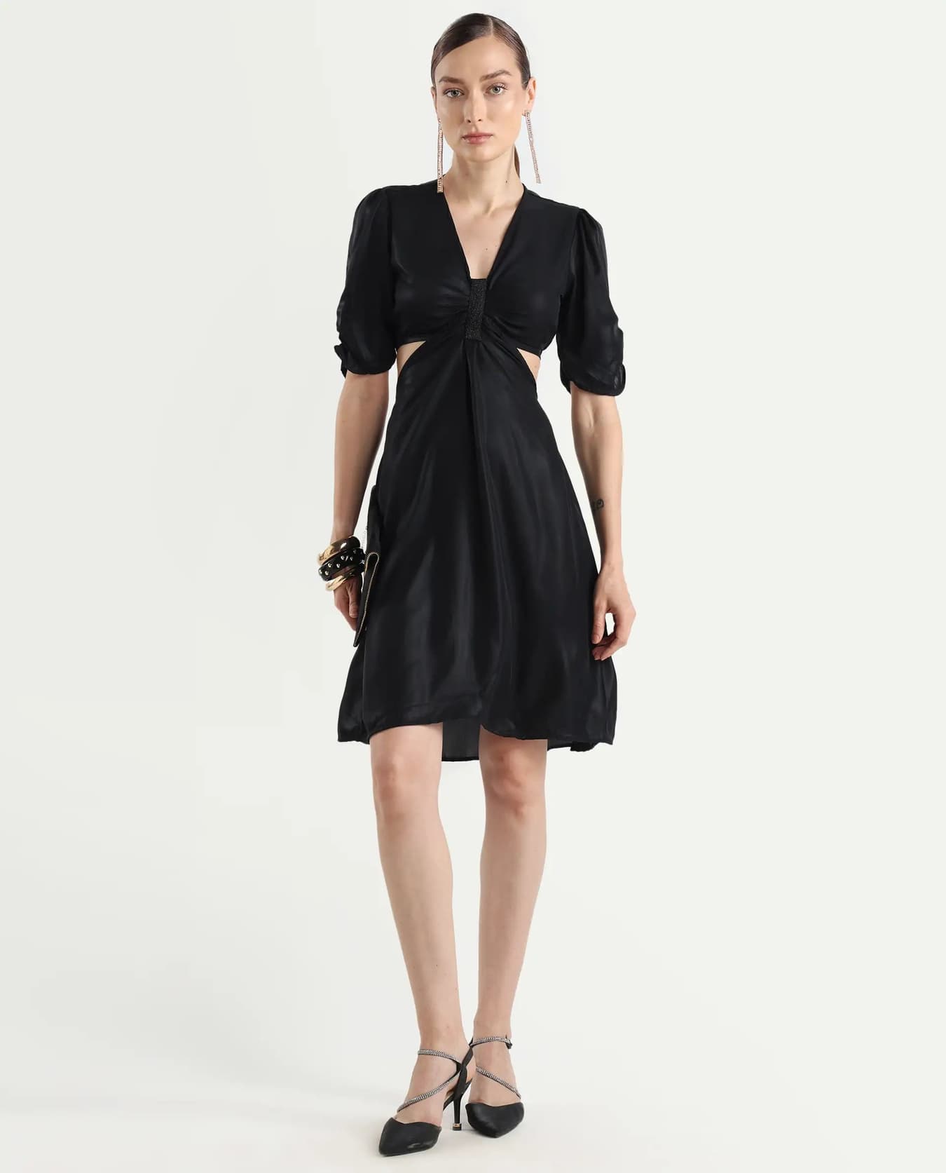 Women's Black Casual Solid Fit & Flared V-Neck Dress