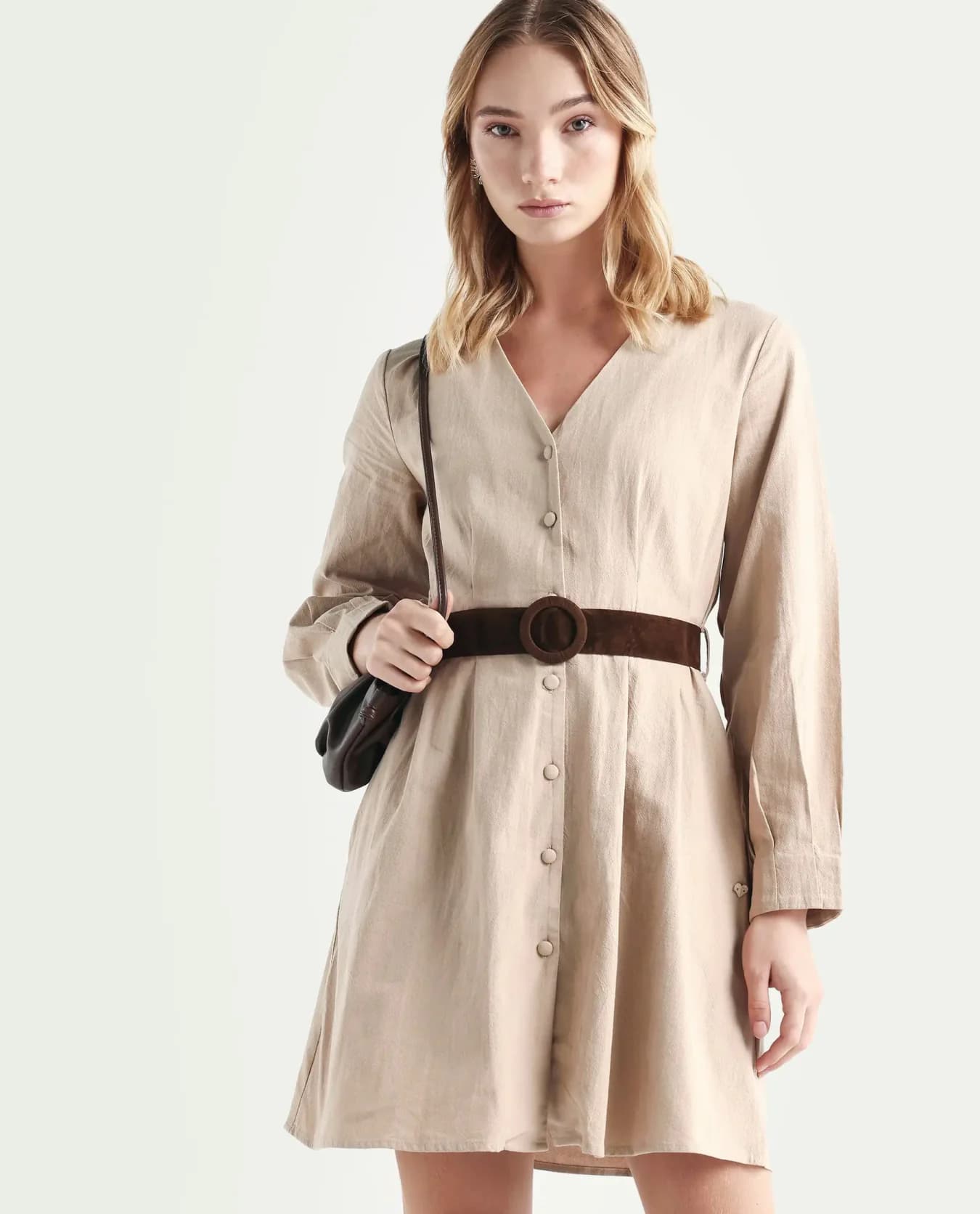 Women's Beige Casual Solid A-Line V-Neck Dress