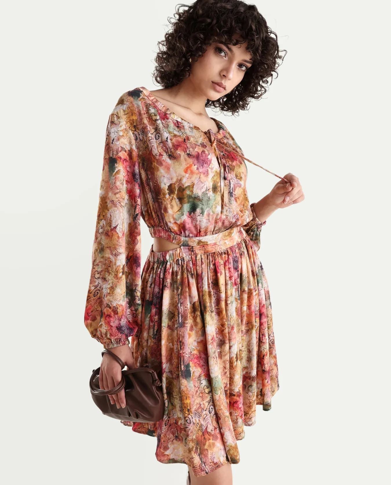 Women's Multicolor Casual Printed A-Line Tie-Up Neck Dress